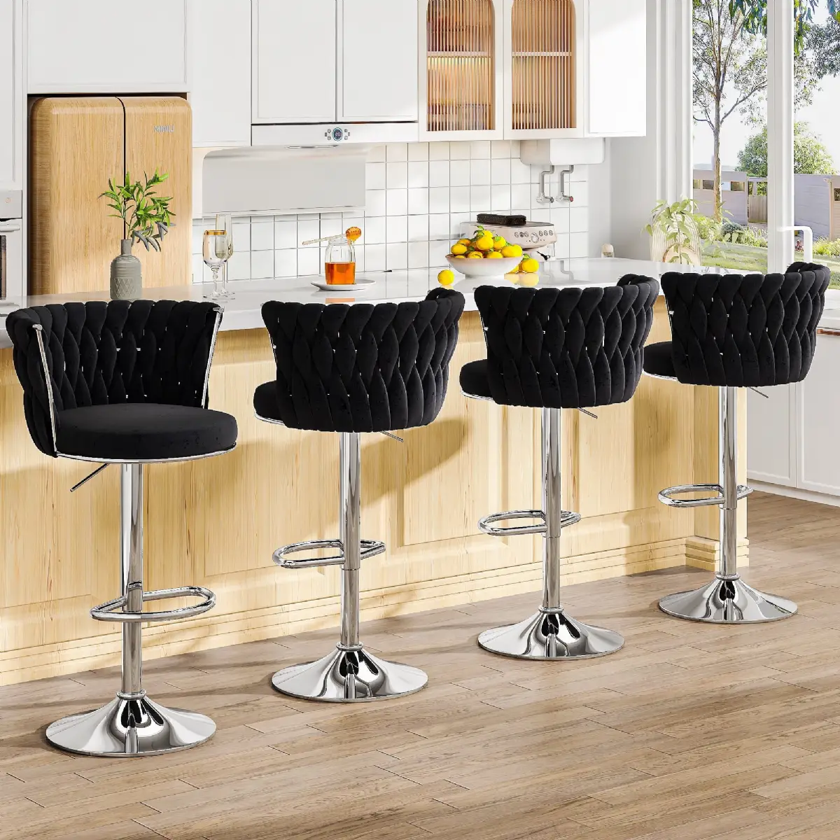 Barhocker 4er-Set Schwarz - Samt, Höhenverstellbar, Drehbar