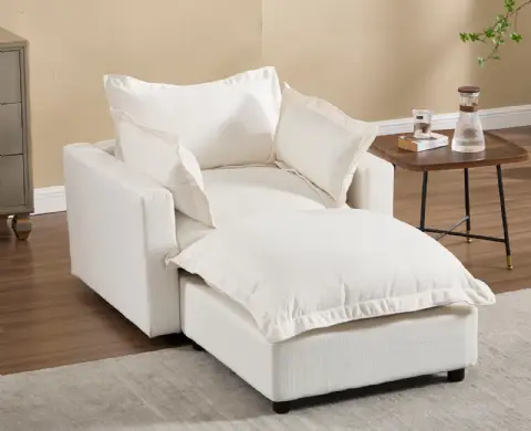 Chaiselongue Weiß mit Hocker - Leinen, Übergröße