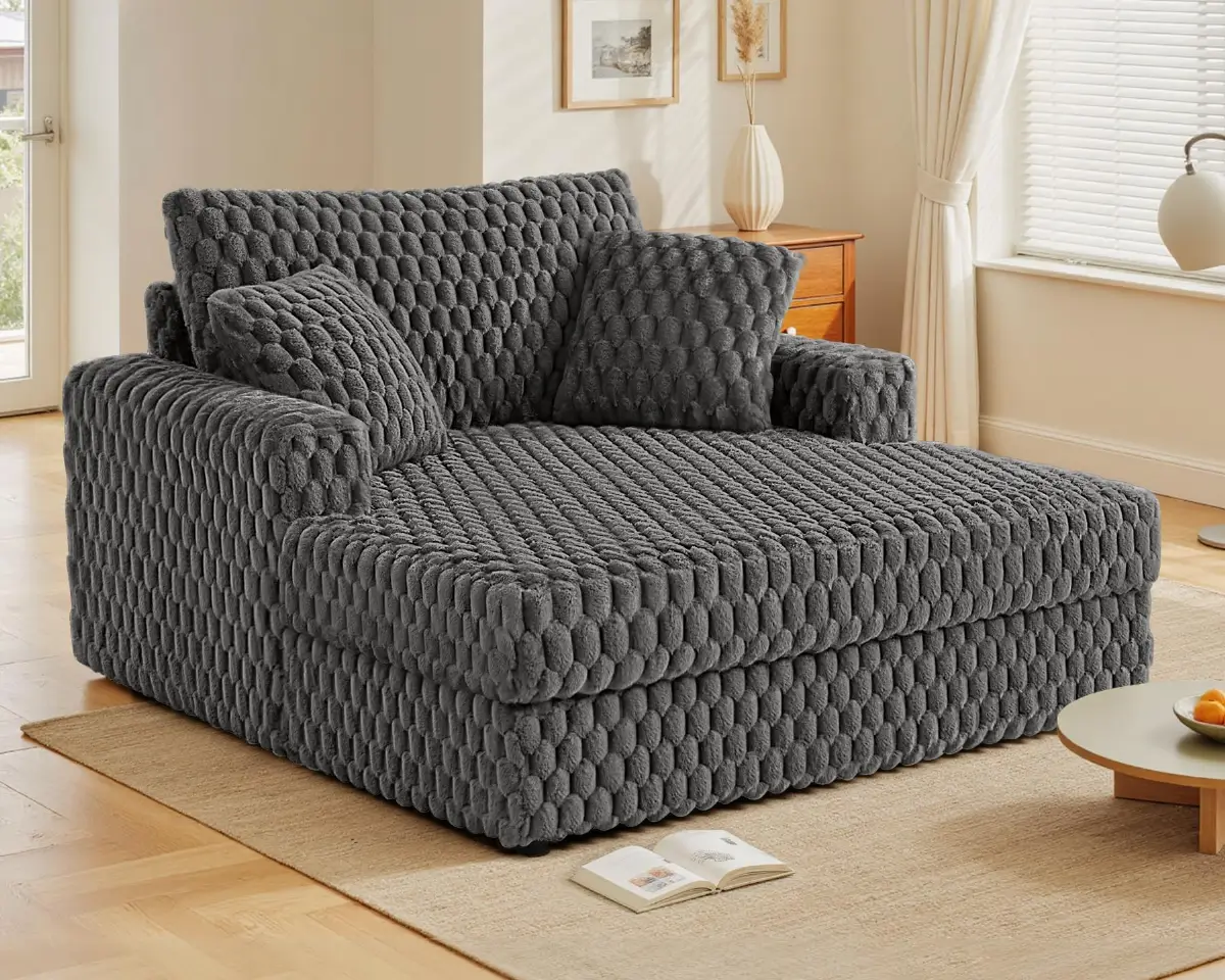 Chaiselongue XL Hellgrau - Plüsch, mit Armlehnen