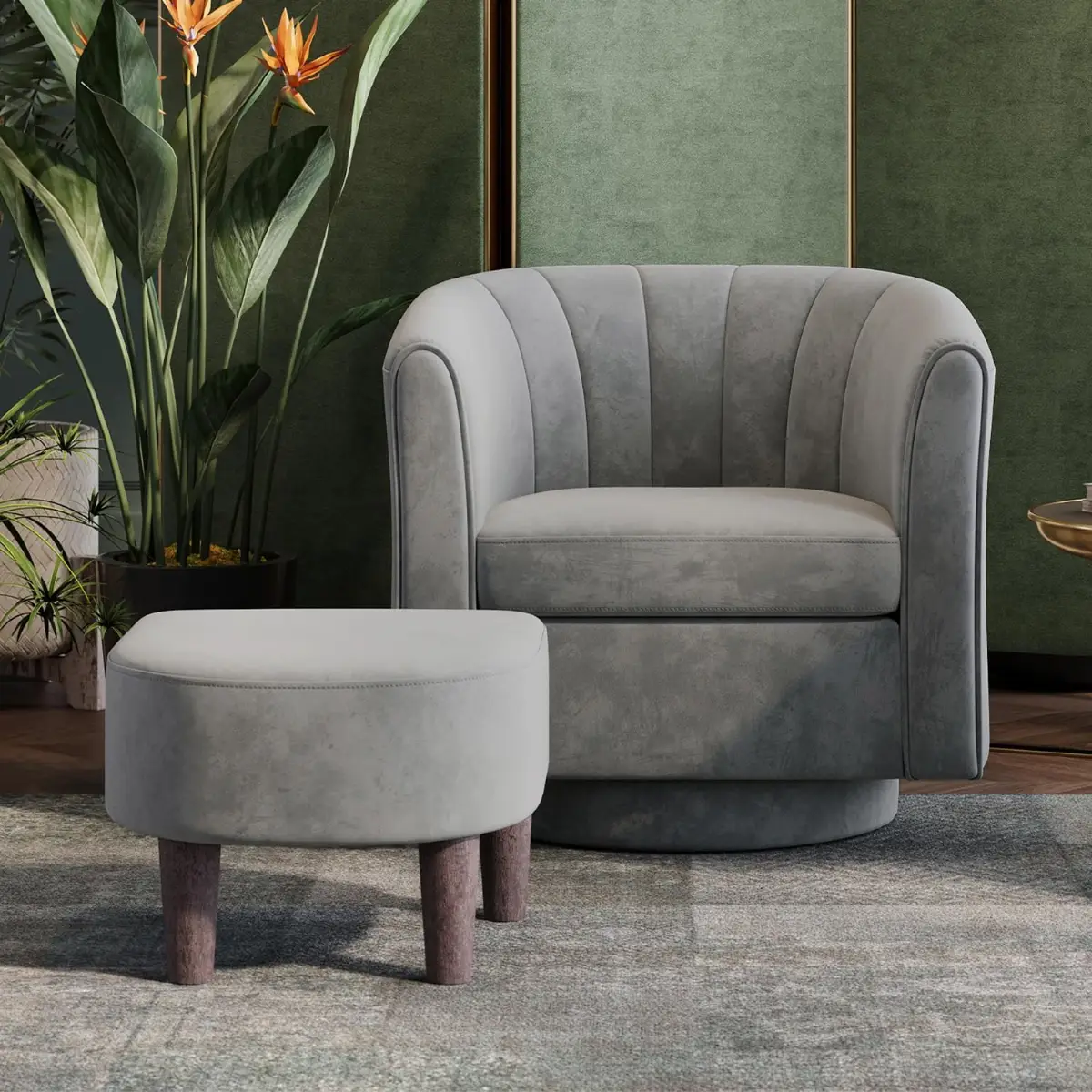 Loungesessel Drehbar Samt - Rund, Mit Hocker