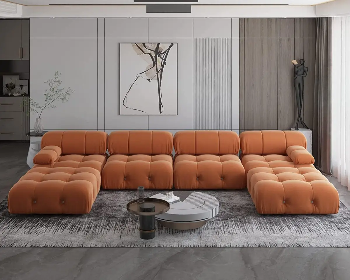 Loungesofa U-Form Samt - Modular, Mid-Century Modern