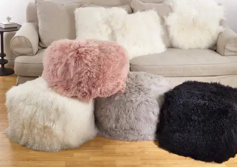 Pouf Lammfell Elfenbein - 45x45x41 cm, Luxus-Struktur