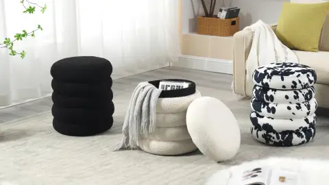 Pouf Rund Schwarz - Kunstfell, mit Stauraum