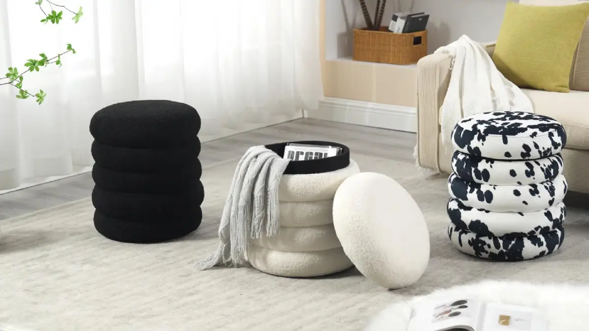 Pouf Rund Schwarz - Kunstfell, mit Stauraum